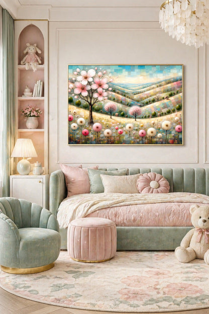 Sanftes Landschaftsposter im Querformat mit pastelligen Hügeln, rosa Blütenbäumen und moderner Illustration für Babyzimmer und Schlafzimmer. Kinderzimmerdeko