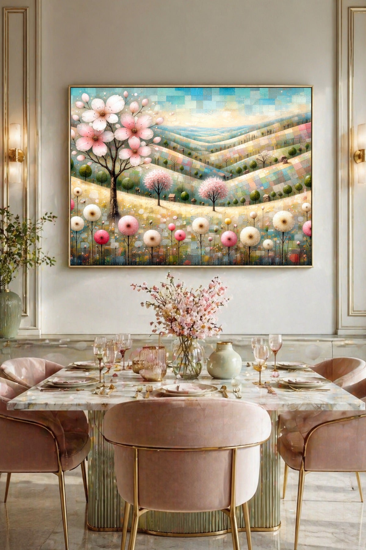 Modernes Wandbild mit illustrierter Hügellandschaft, rosa Blumen und Bäumen in Pastellfarben als ruhige Deko für Esszimmer.