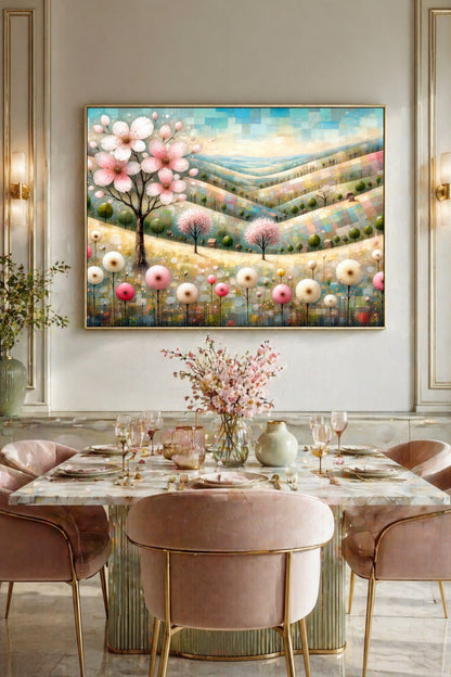 Modernes Wandbild mit illustrierter Hügellandschaft, rosa Blumen und Bäumen in Pastellfarben als ruhige Deko für Esszimmer.