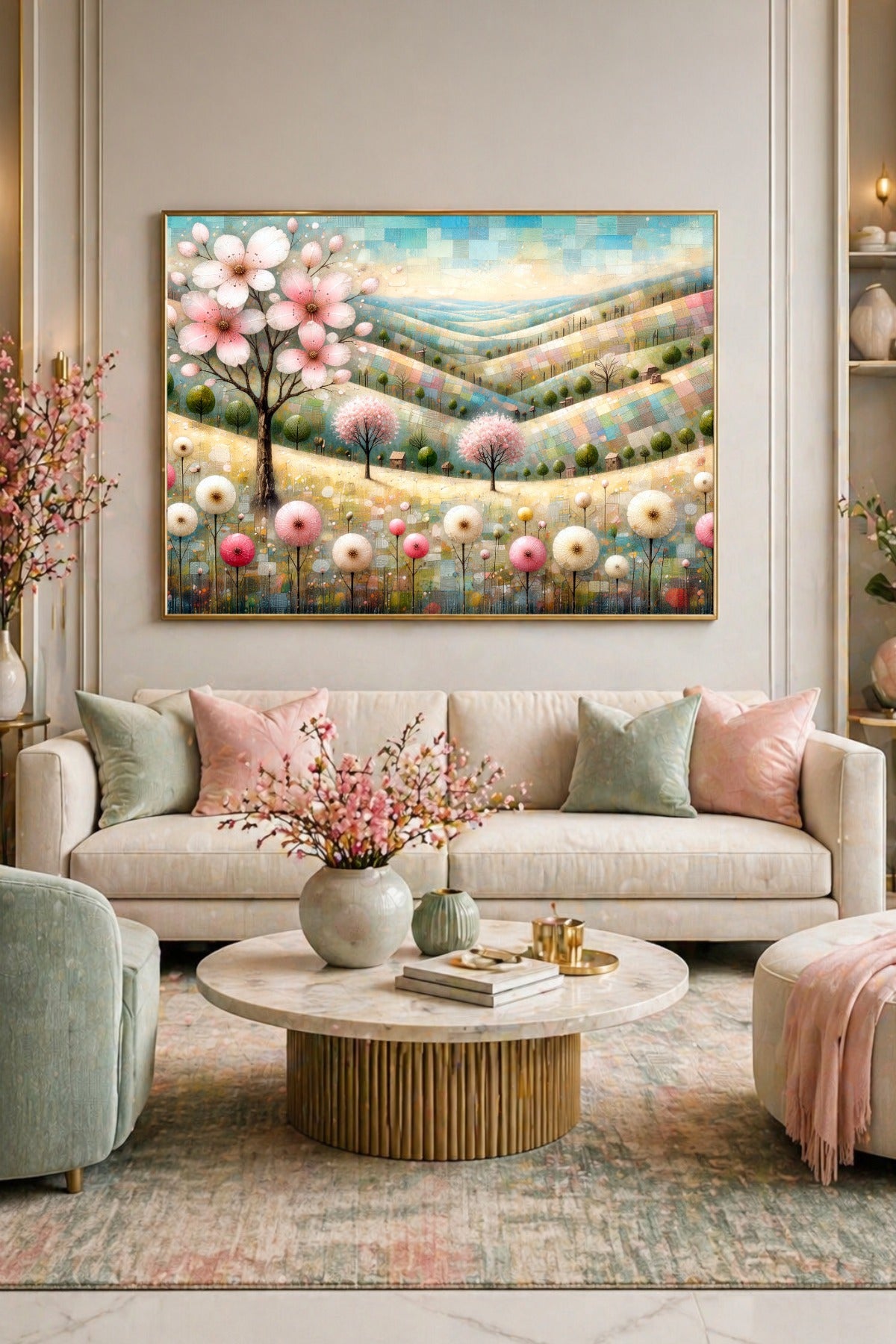 Querformatiges Blumenposter mit zarter Pastelllandschaft, rosa Blüten und kleinen Bäumen als moderne Wanddeko für Wohnzimmer.