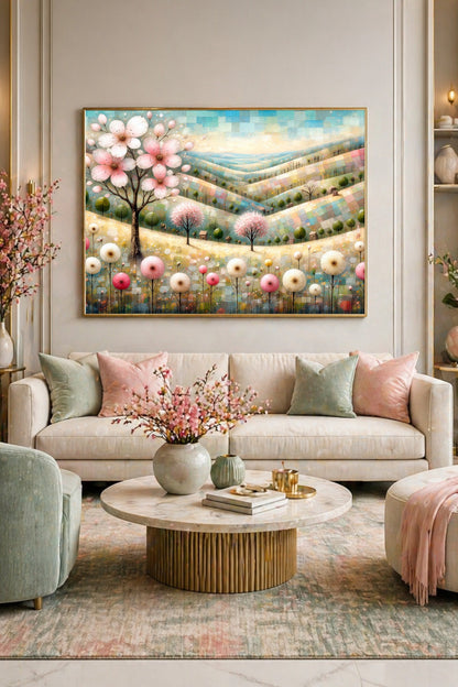 Querformatiges Blumenposter mit zarter Pastelllandschaft, rosa Blüten und kleinen Bäumen als moderne Wanddeko für Wohnzimmer.