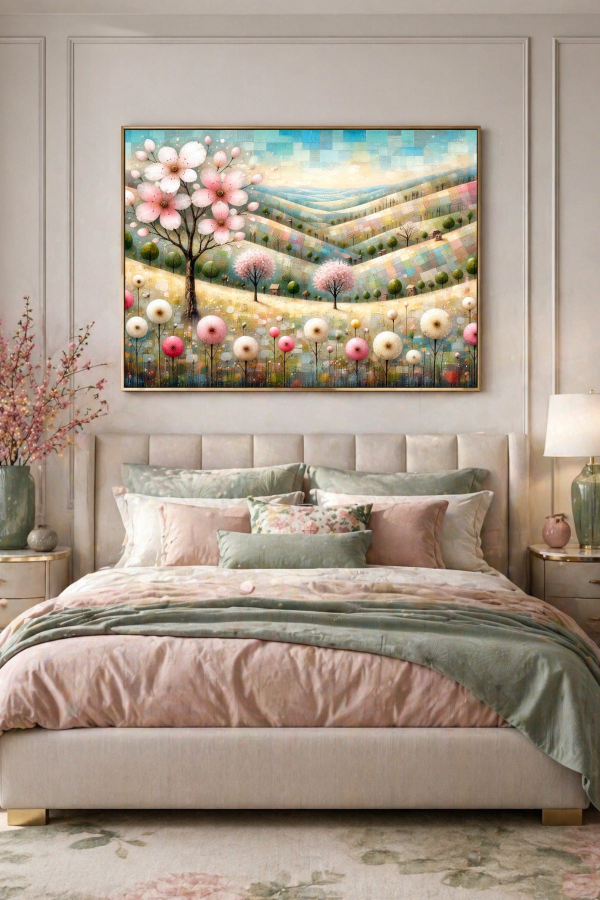 llustration im Querformat mit rosa Blüten, sanften Hügeln und pastellfarbenen Bäumen als modernes Poster für ruhige Wohnräume, Babyzimmer oder Schlafzimmer.