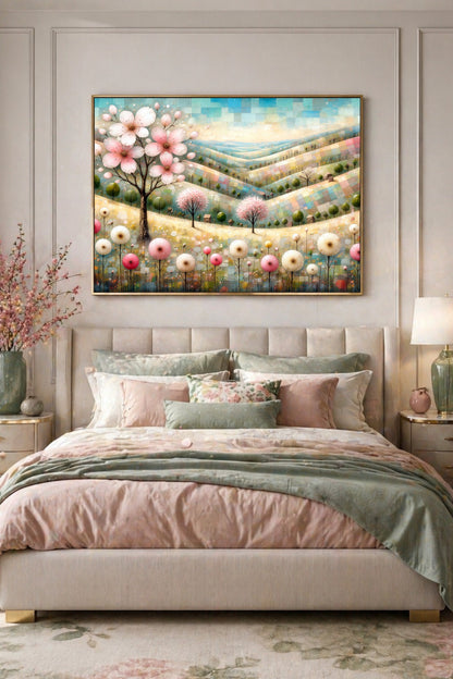 llustration im Querformat mit rosa Blüten, sanften Hügeln und pastellfarbenen Bäumen als modernes Poster für ruhige Wohnräume, Babyzimmer oder Schlafzimmer.