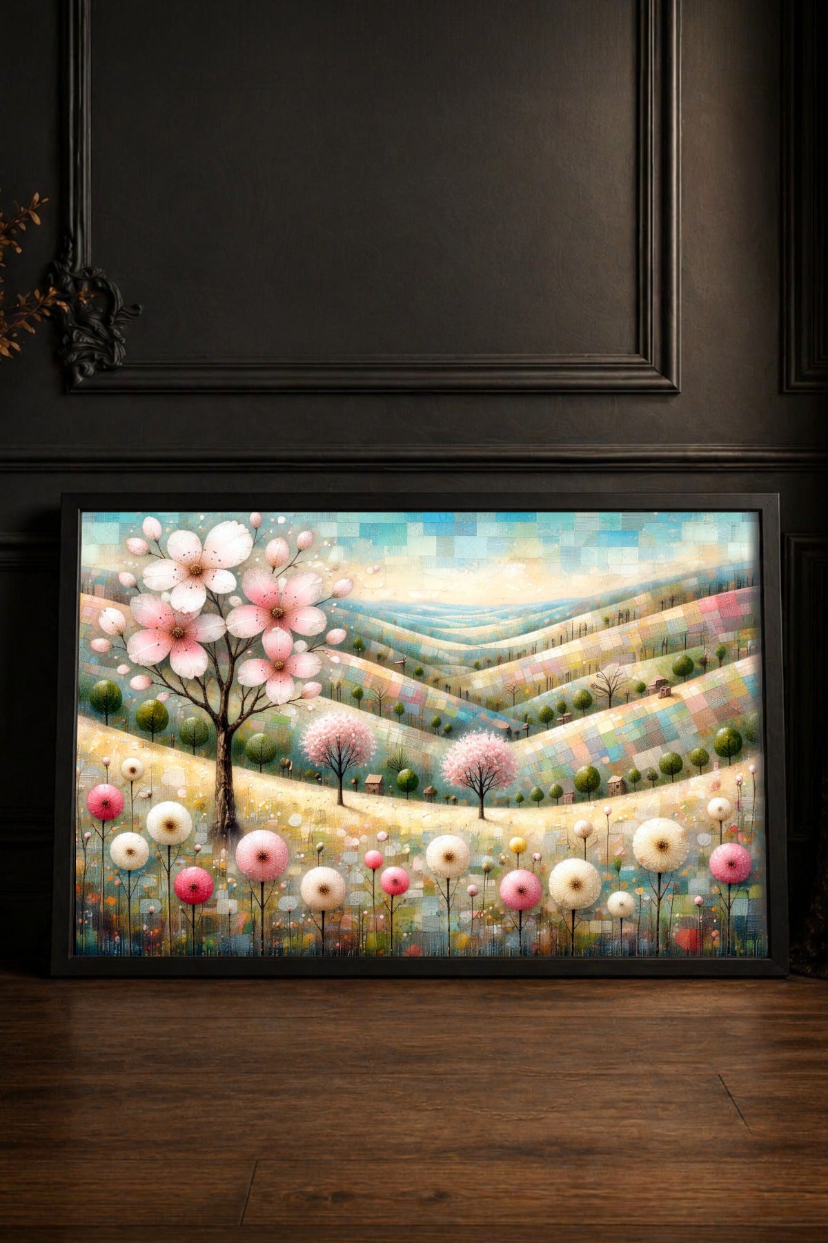 Modernes Blumenposter im Querformat: Illustrierte Hügellandschaft mit rosa Blüten und Bäumen in Pastelltönen – Sanfte Wanddeko für das Babyzimmer oder Schlafzimmer.
