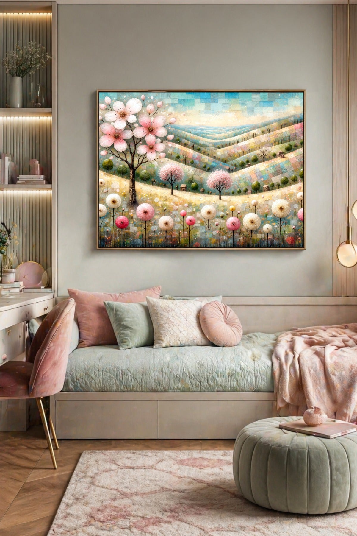 Modernes Pastellposter mit Hügellandschaft, rosa Blüten und stilisierten Bäumen im Querformat, passend für Schlafzimmer oder liebevoll gestaltete Jugendzimmer oder Mädchenzimmer.
