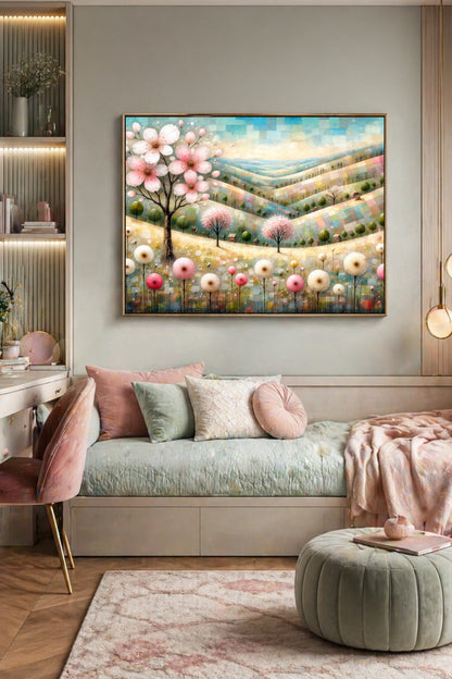 Modernes Pastellposter mit Hügellandschaft, rosa Blüten und stilisierten Bäumen im Querformat, passend für Schlafzimmer oder liebevoll gestaltete Jugendzimmer oder Mädchenzimmer.
