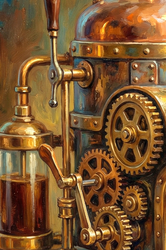 Detailsansicht. Digitales Steampunk-Küchenposter mit Kaffeemaschine aus Messing, Zahnrädern, aufsteigendem Dampf und verzierter Espressotasse.