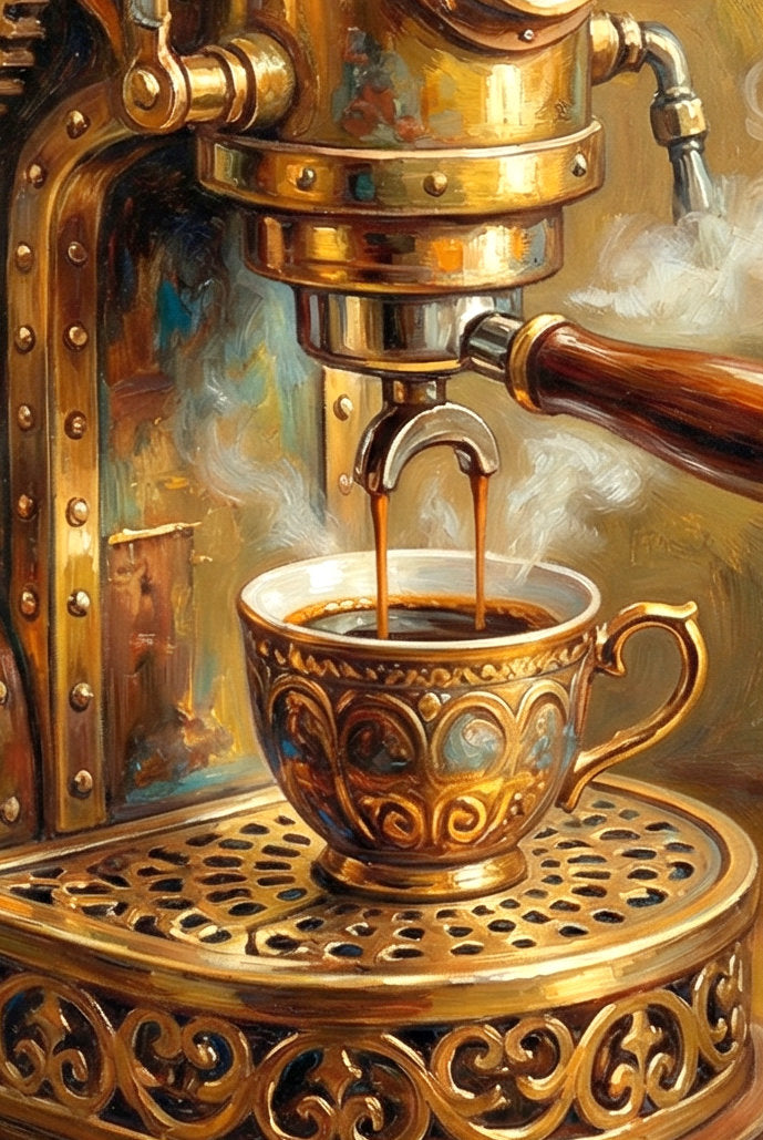 Detailsansicht. Steampunk Kaffeemaschine als digitales Wandbild mit Messingdetails, Kupferrohren, Zahnrädern, Dampf und ornamentaler Tasse.