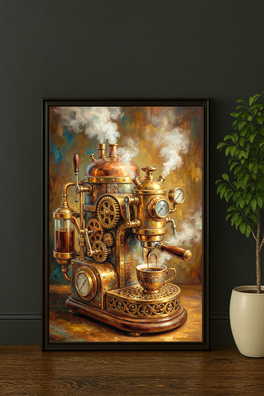 Digitales Küchenposter mit Steampunk-Kaffeemaschine aus Messing, Zahnrädern, Dampf und verzierter Espressotasse in warmen Kupfertönen.
