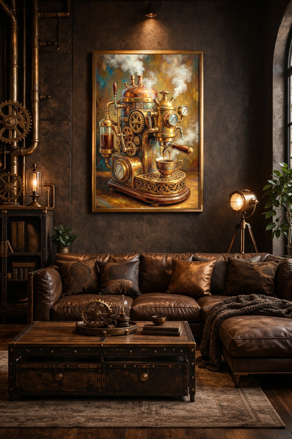 Digitales Coffee Corner Poster mit detailreicher Steampunk-Kaffeemaschine, warmen Kupfertönen, Zahnrädern und dampfendem Espresso.