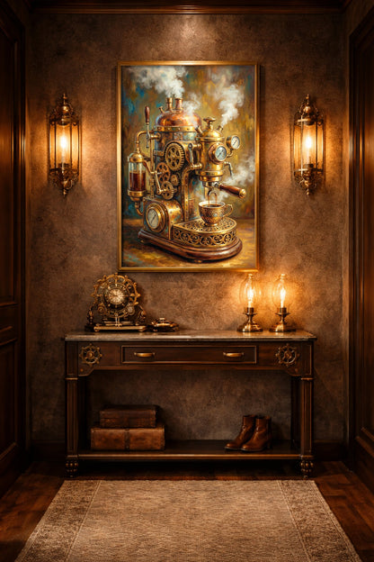 Digitales Küchenwandbild mit Steampunk Coffee Machine, Messing, Kupfer, Zahnrädern und aufsteigendem Dampf über einer kleinen Tasse.