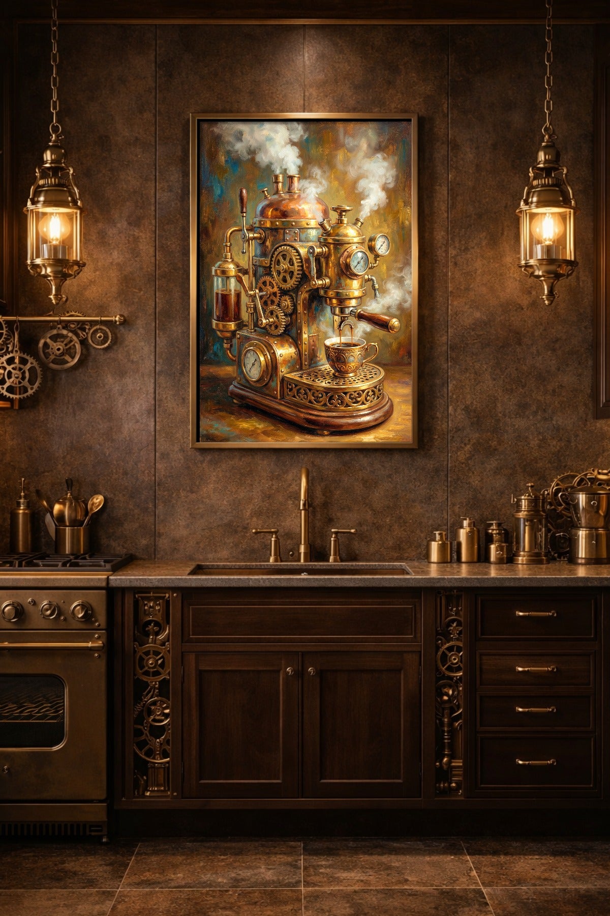 Digitales Kaffeemaschine Poster im Industrial Style mit Zahnrädern, Dampf, Messingdetails und warmen Kupfertönen für die Coffee Corner.
