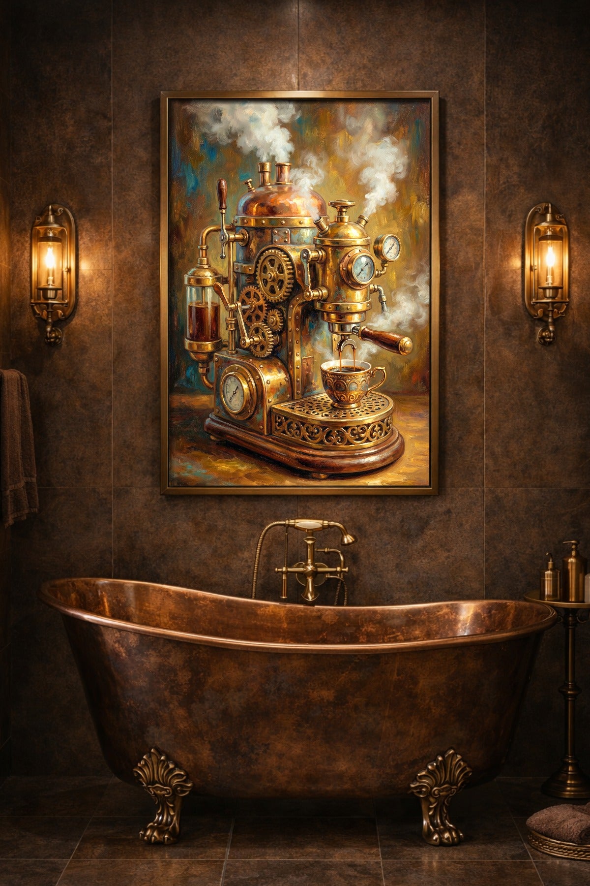 Warmes Steampunk Poster für die Küche mit detailreicher Kaffeemaschine, Zahnrädern, Messingglanz und ornamentaler Espressotasse.