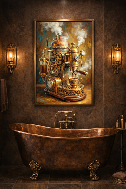 Warmes Steampunk Poster für die Küche mit detailreicher Kaffeemaschine, Zahnrädern, Messingglanz und ornamentaler Espressotasse.