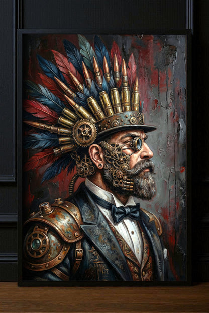 Steampunk Poster mit bärtigem Mann, Federn, Patronen, Zahnrädern und dunklem Industrial-Hintergrund.