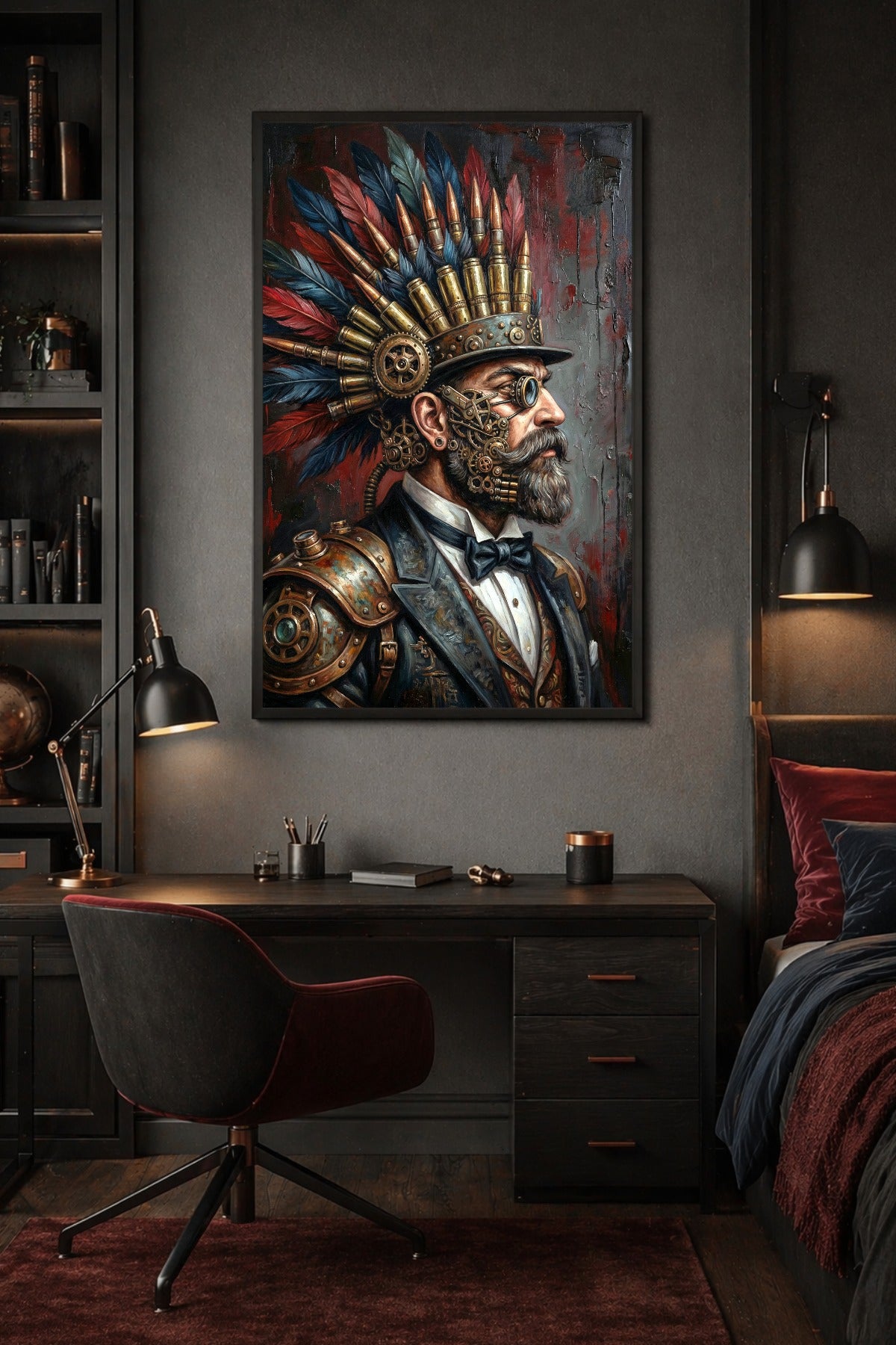 Porträt eines bärtigen Steampunk-Mannes mit Monokel, bronzefarbenen Apparaturen, Federn und Zahnrädern in dunkler Atmosphäre. Poster für Studentenzimmer.