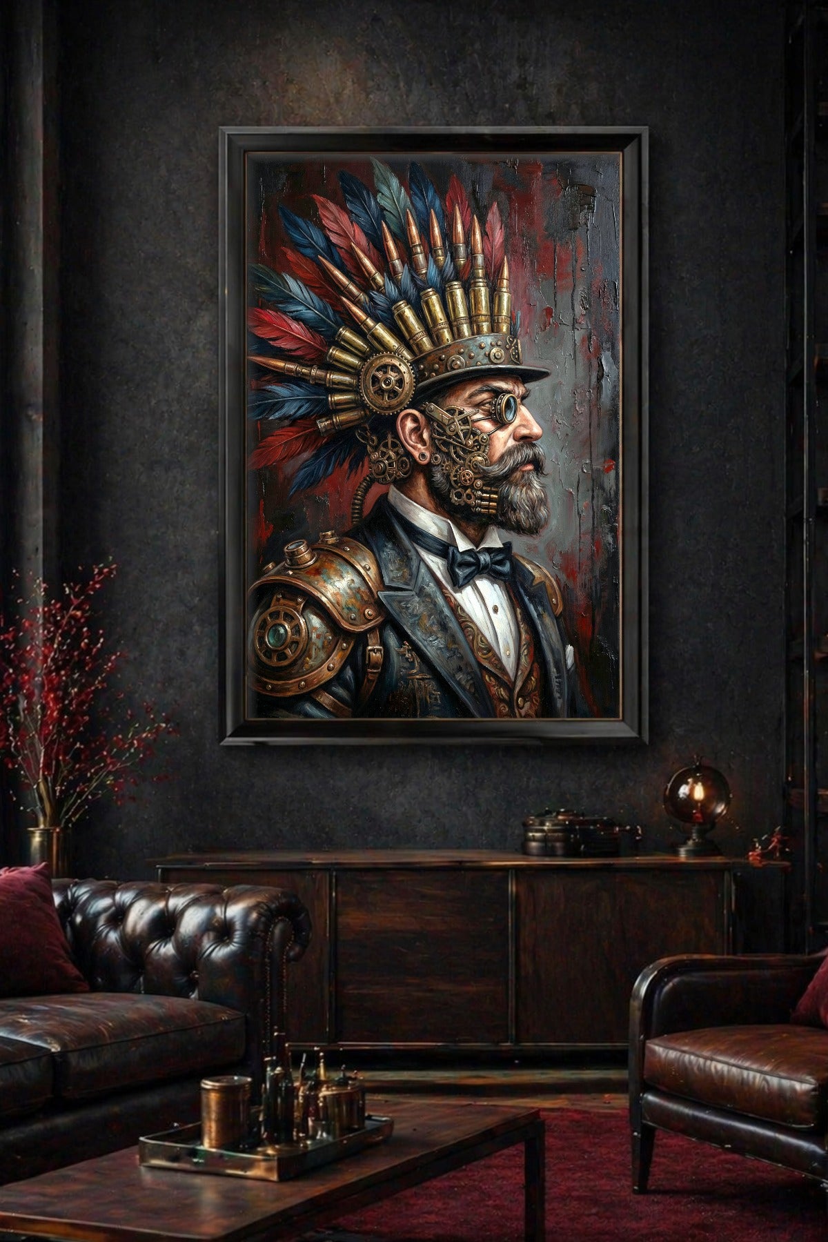 Steampunk-Bild eines Mannes mit Bart, Monokel, kunstvoller Federkrone und metallischen Zahnrädern vor dunklem Hintergrund. Deko für Lofts.