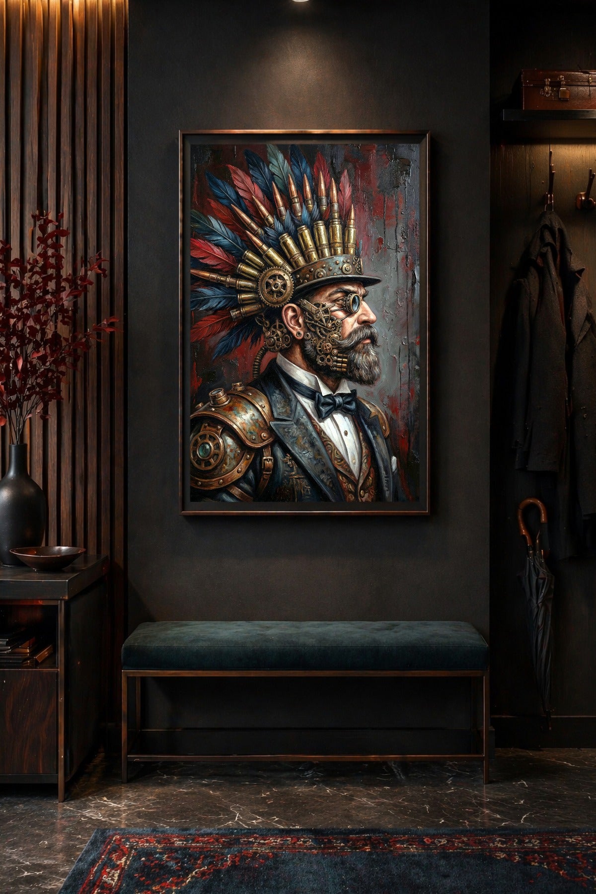 Steampunk Porträtposter mit bärtigem Mann, auffälligem Kopfschmuck aus Federn, Patronen und Zahnrädern vor dunklem Hintergrund.