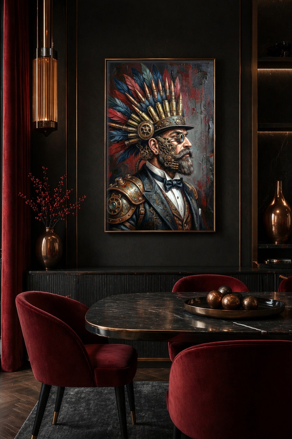Grungy Steampunk Poster mit bärtigem Mann, Federschmuck, Patronen, Zahnrädern und markantem Industrial-Hintergrund.