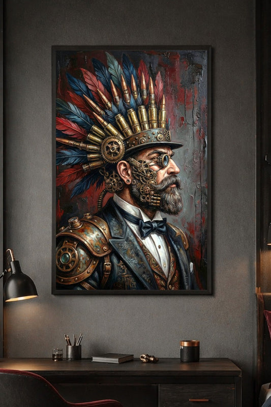 Steampunk-Portrait eines bärtigen Mannes mit Monokel, Federkrone, Zahnrädern und bronzefarbenen Metallelementen vor dunklem Hintergrund.
