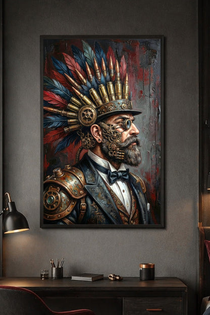 Dunkles Poster im Steampunk-Stil mit bärtigem Mann, mechanischen Details, Federn, Patronen und Zahnrädern vor Industrial-Hintergrund.