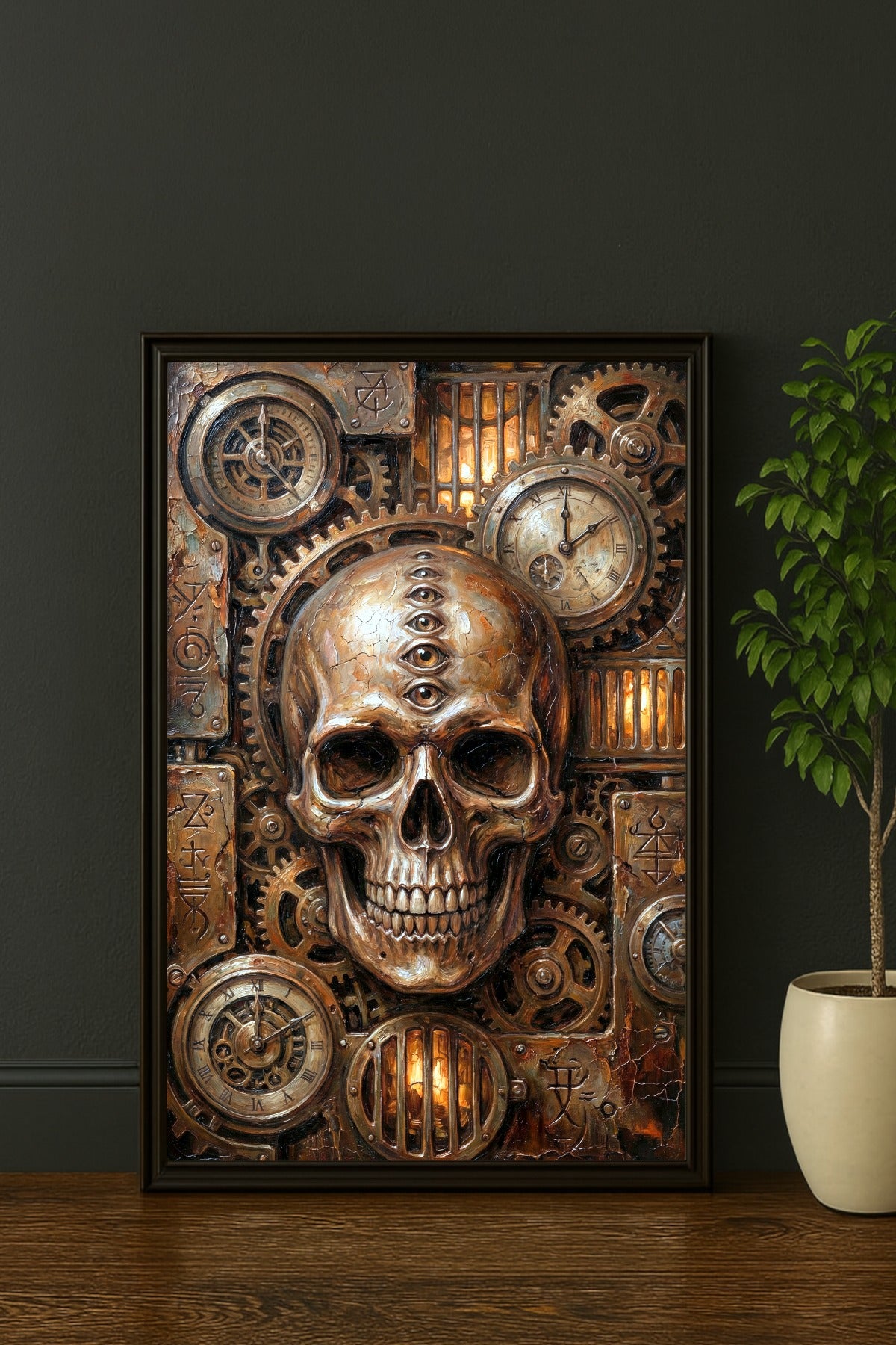 Digitales Steampunk Poster mit Totenkopf, mehreren Stirnaugen, Zahnrädern, Uhren und kupferfarbenem Industrial-Hintergrund.