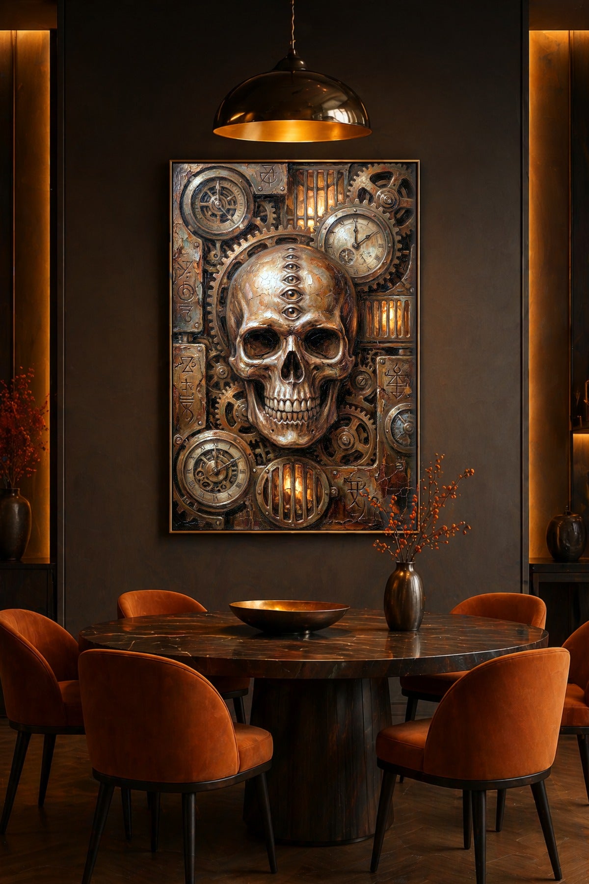 Digitales Steampunk Poster mit zentralem Totenkopf, mehreren Augen auf der Stirn, Zahnrädern, alten Uhren und kupferfarbenem Industrial-Hintergrund.