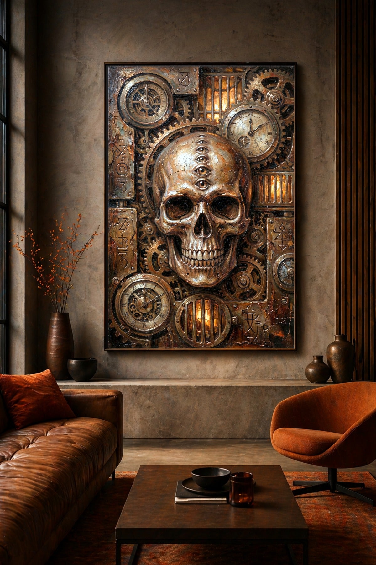 Steampunk Totenkopf Poster als Digitaldownload mit Stirnaugen, Uhrwerken, Zahnrädern und warmen Kupfertönen im Industrial Gothic Stil.