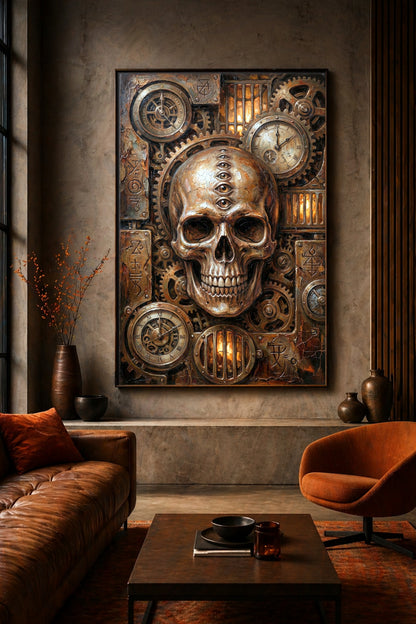 Steampunk Totenkopf Poster als Digitaldownload mit Stirnaugen, Uhrwerken, Zahnrädern und warmen Kupfertönen im Industrial Gothic Stil.