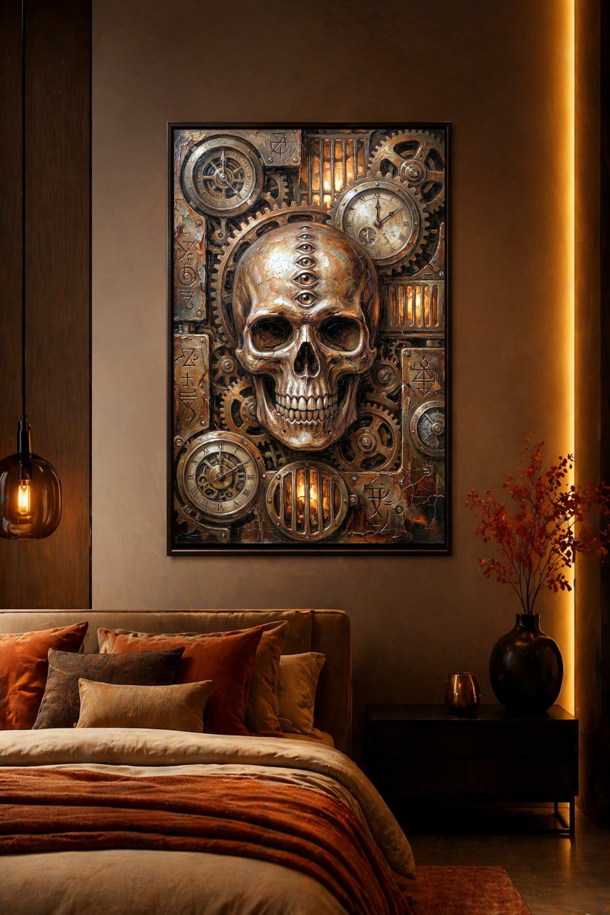 Digitales Skull Art Poster mit Totenkopf, mehreren Stirnaugen, mechanischen Zahnrädern, Uhren und dunklem kupferfarbenem Hintergrund.