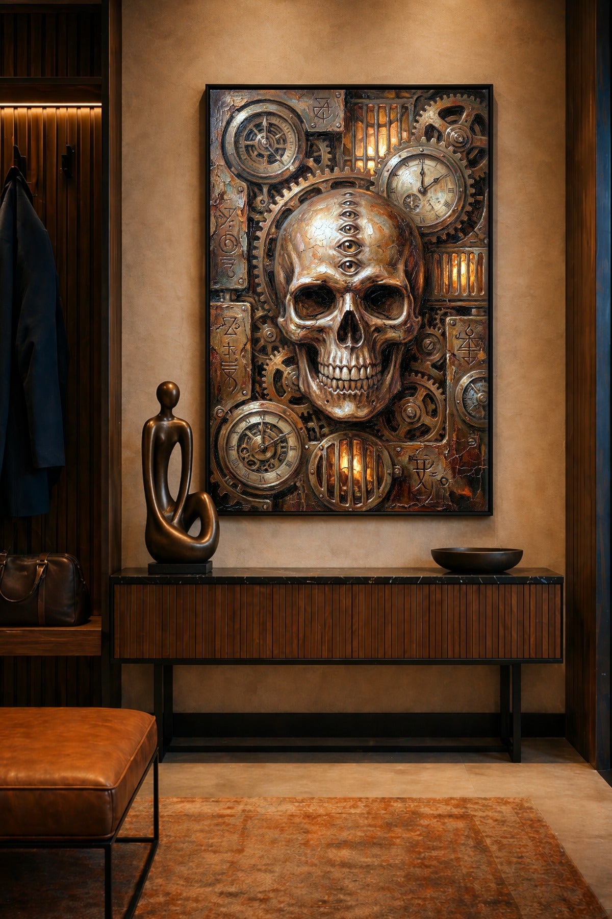 Industrial Steampunk Wandbild mit Totenkopf, übereinander angeordneten Stirnaugen, alten Uhranzeigen, Zahnrädern und Kupferdetails.