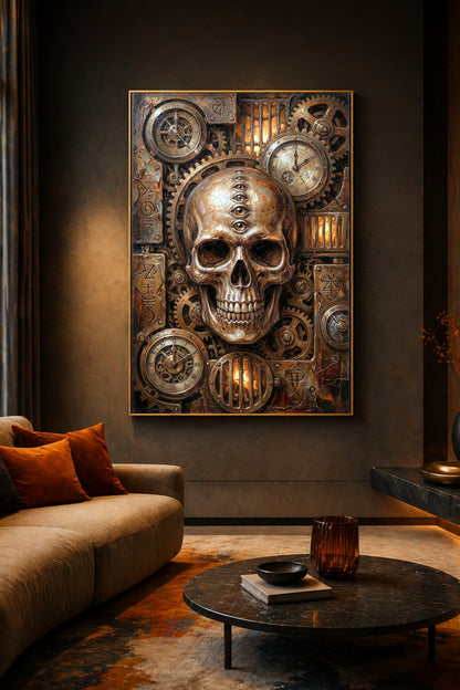 Digitales Tempus Fugit Poster mit Steampunk-Totenkopf, mehreren Stirnaugen, Zahnrädern, Uhren und rauem Industrial-Hintergrund.
