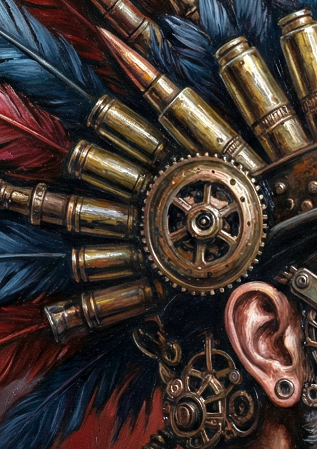 Steampunk-Portrait eines bärtigen Mannes im Profil mit Monokel, Federschmuck, Zahnrädern und bronzenen Metallelementen auf dunklem Hintergrund.