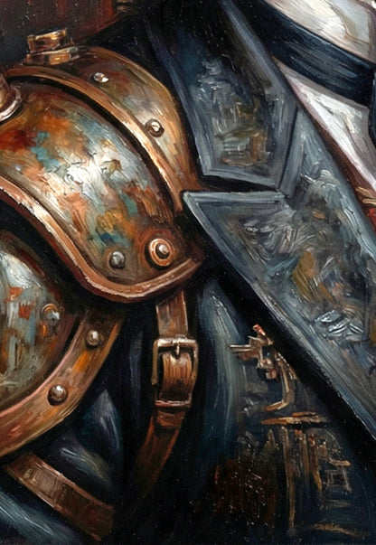 Bärtiger Mann im Steampunk-Stil mit Monokel, dekorativer Federkrone und mechanischen Zahnrädern vor einem düsteren Hintergrund.