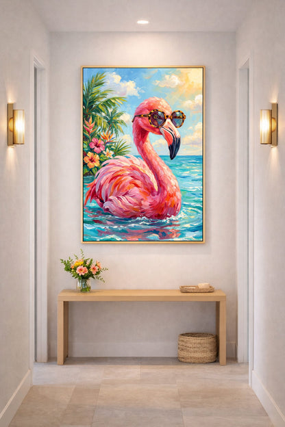 Flamingo Wandkunst im hellen Flur über schmalem Konsolentisch mit tropischem Motiv und Goldrahmen