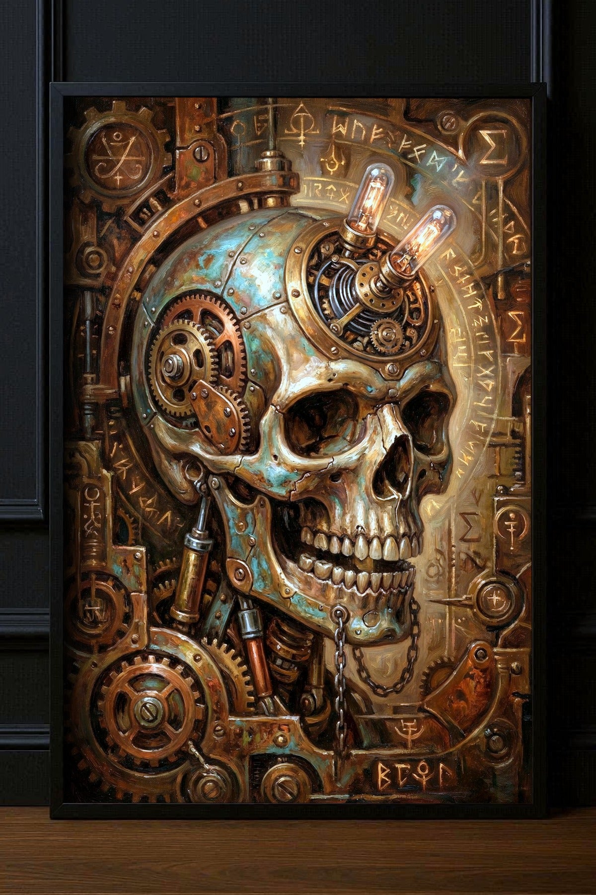 Steampunk Poster mit mechanischem Schädel, Zahnrädern, Metallteilen und leuchtenden Röhren in Kupfer, Bronze und Türkis als düsteres Wandbild.
