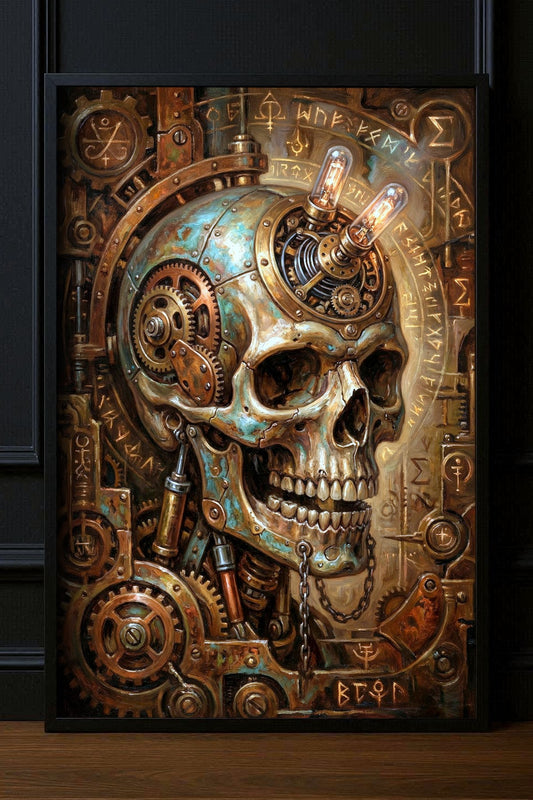 Steampunk Poster mit mechanischem Schädel, Zahnrädern, Metallteilen und leuchtenden Röhren in Kupfer, Bronze und Türkis als düsteres Wandbild.
