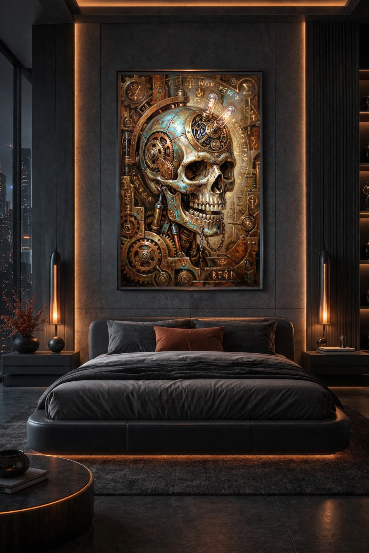 Düsteres Steampunk Poster mit mechanischem Schädel, Zahnrädern, Metallteilen und leuchtenden Röhren in Bronze, Kupfer und Türkis. Bildt ist gerahmt und hängt an einer Wand über einem Bett in einem Schlafzimmer.