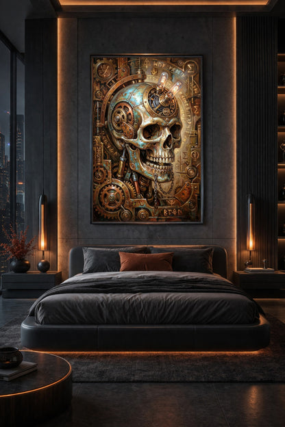 Düsteres Steampunk Poster mit mechanischem Schädel, Zahnrädern, Metallteilen und leuchtenden Röhren in Bronze, Kupfer und Türkis. Bildt ist gerahmt und hängt an einer Wand über einem Bett in einem Schlafzimmer.