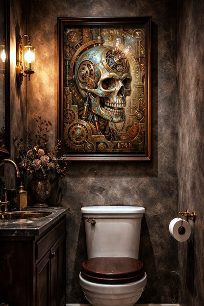 Steampunk-Wandbild mit technischem Schädel, Zahnrädern, Metallkomponenten und glühenden Röhren in kupfernen und türkisen Farbtönen. Das Bild ist gerahmt in einem rustikalen Holzrahmen und hängt über einer Toillette in einem Gäste-WC an der Wand.