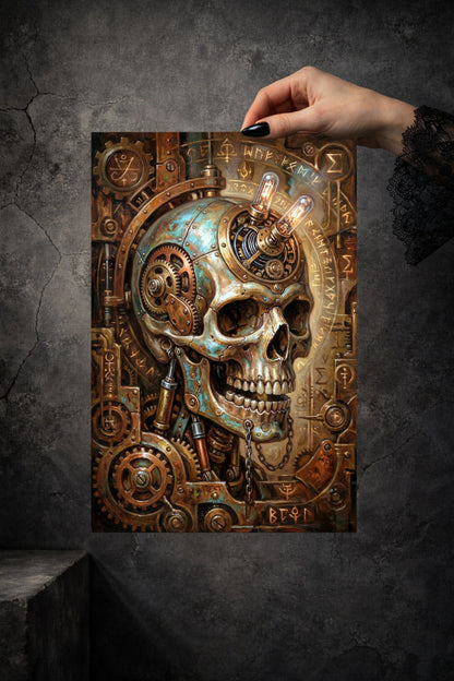 Digitales Steampunk Poster mit mechanischem Totenschädel, Metallteilen, Zahnrädern und leuchtenden Elementen in Kupfer, Bronze und Türkis. Das Poster hat das Format 3:2 und wird von einer Hand gehalten.