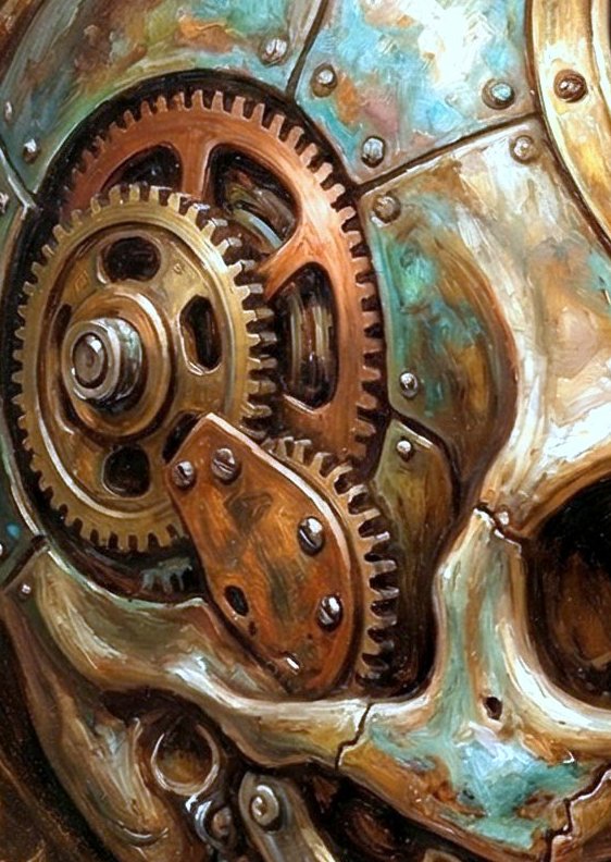 Detailreiches Steampunk-Wandbild eines mechanischen Totenkopfes mit antiken Zahnrädern, leuchtenden Glasröhren und einer Patina in Kupfer und Türkis. Düstere Industrial-Deko für modernes Wohnen.