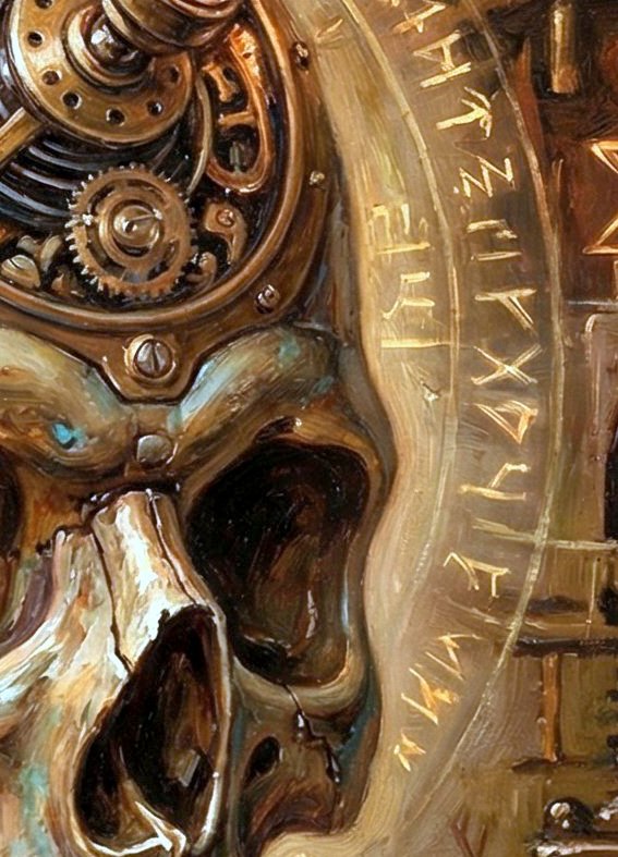 Detailreiches Steampunk-Wandbild mit mechanischem Totenkopf, antiken Zahnrädern, leuchtenden Glasröhren und Patina in Kupfer und Türkis. Düstere Industrial-Wandkunst für moderne Wohnräume.