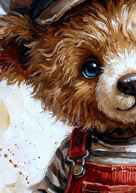 Gedrucktes Poster mit charmantem Teddybären in roter Latzhose, gestreiftem Oberteil und brauner Schiebermütze vor hellem Malhintergrund. Detailsansicht