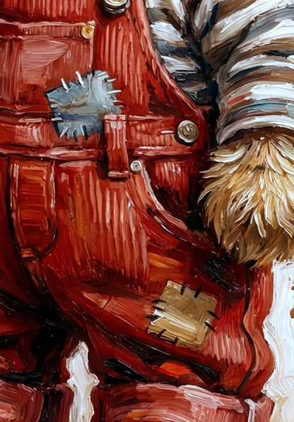 Poster mit niedlichem Teddybär in roter Latzhose, gestreiftem Shirt und Schiebermütze auf hellem, künstlerisch gestaltetem Hintergrund. Detailsansicht