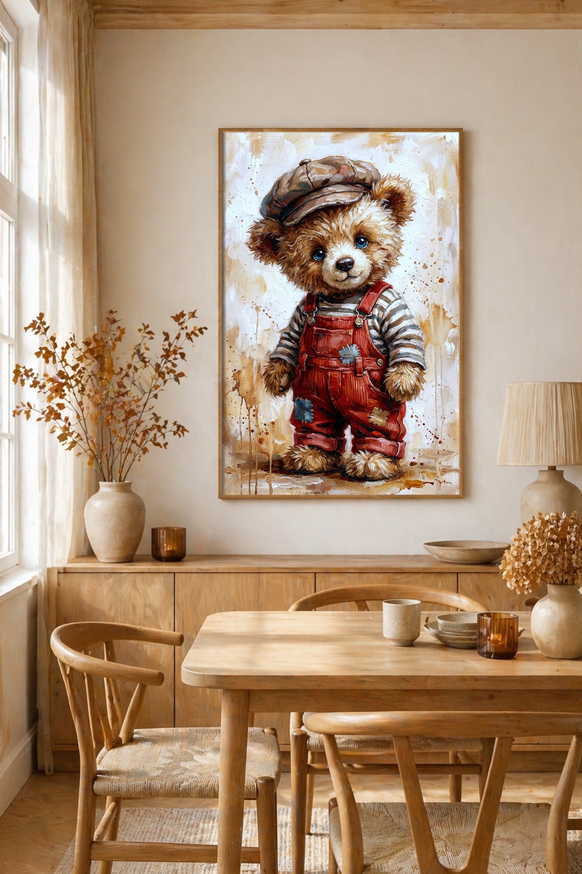 Gedrucktes Wandbild eines Teddybären mit roter Latzhose, Streifenshirt und Schiebermütze vor weichem, malerischem Hintergrund. Esszimmerdeko