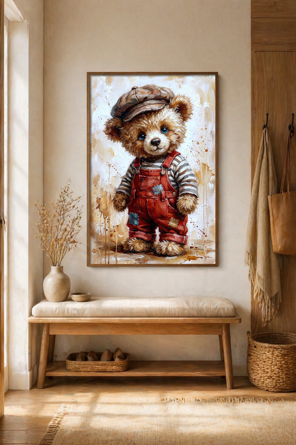 Teddybär Poster mit roter Latzhose, gestreiftem Langarmshirt und brauner Schiebermütze in heller, malerischer Szene. Flurdeko