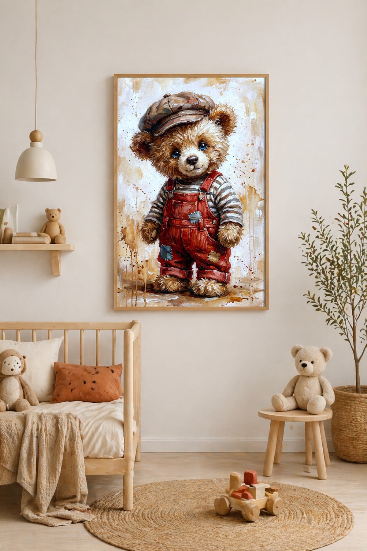 Gedrucktes Poster mit freundlichem Teddybär in Schiebermütze, gestreiftem Shirt und roter Latzhose vor hellem Kunsthintergrund. Kinderzimmerdeko