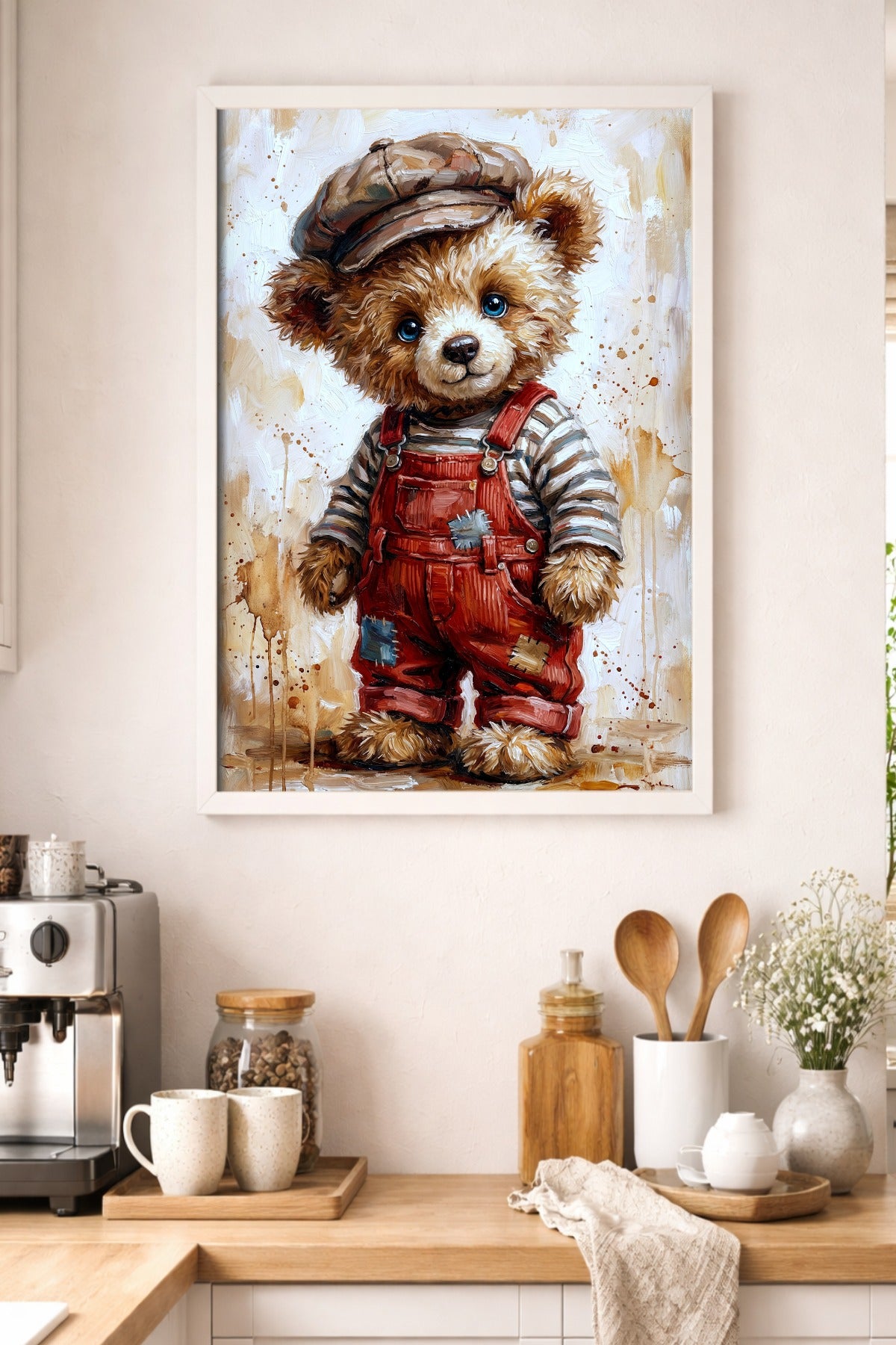 Kinderzimmer-Poster mit Teddybären in roter Latzhose, gestreiftem Oberteil und Schiebermütze vor locker gemaltem Hintergrund. Küchendeko