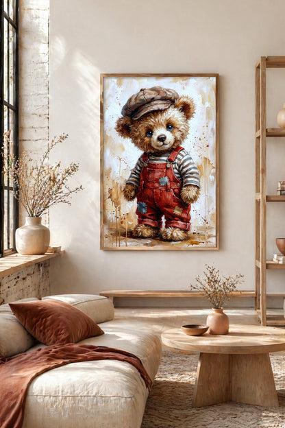 Posterdruck eines Teddybären mit brauner Schiebermütze, gestreiftem Shirt und roter Latzhose vor hellem, sanftem Malhintergrund. Loftdeko